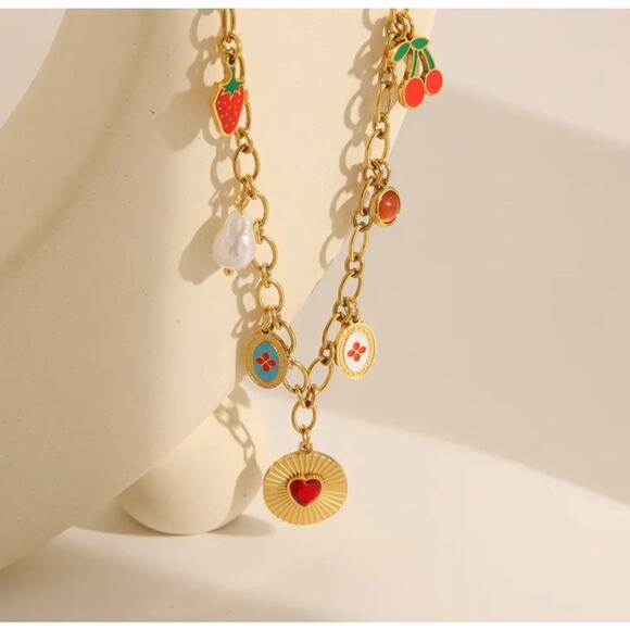 Love and Fruits Darling Charm Necklace NWT Gold Wide Chain Links Boho Hippie - Picture 1 of 8